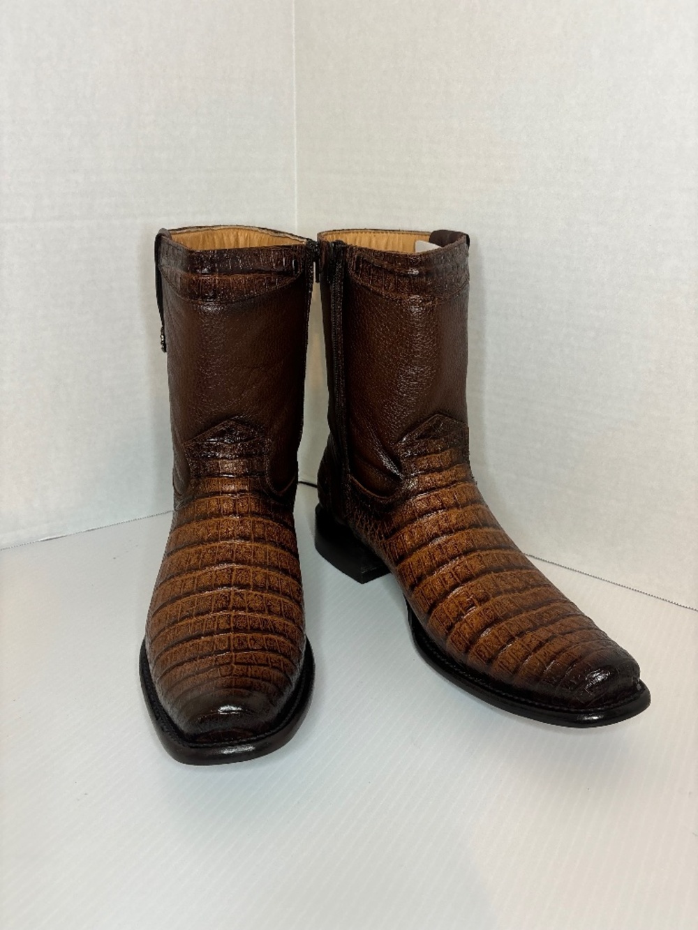 Mens Cowboy Boots Brown Imitation Cayman Crocodile Genuine Cow Leather Dubai Toe